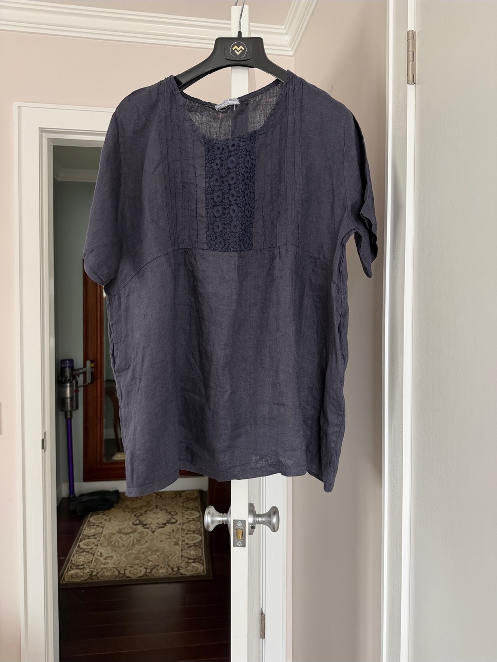 Lin Blanc 100% linen Women’s Purple Linen Crochet-Panel Short Sleeve Top size 54